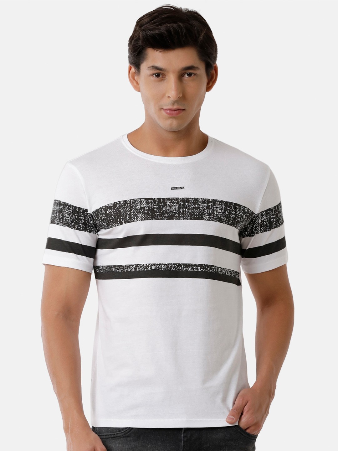 

Voi Jeans Men Striped Slim Fit Pure Cotton T-shirt, White