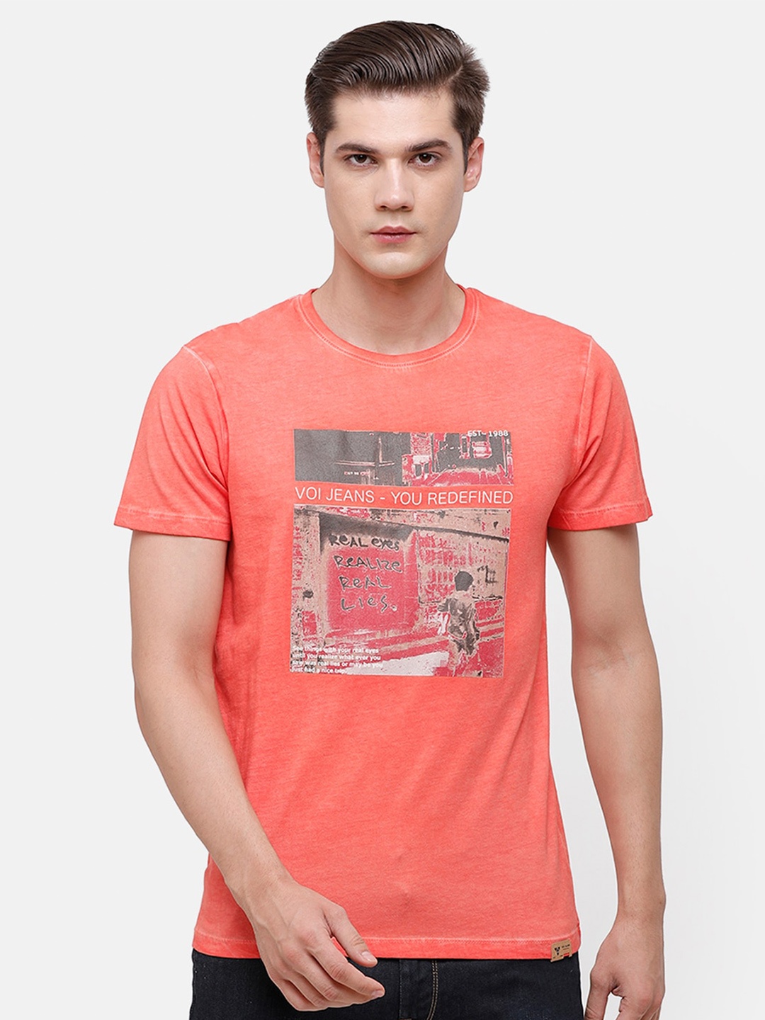 

Voi Jeans Men Graphic Printed Cotton T-shirt, Peach