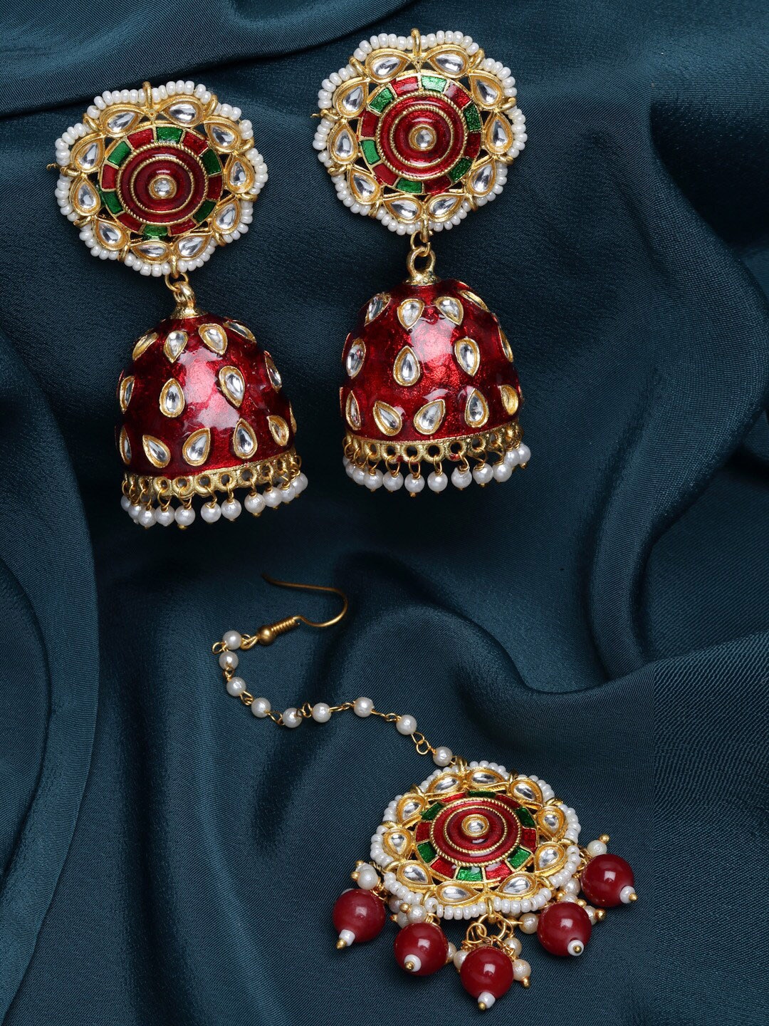 

PANASH Gold-Plated Meenakari Kundan-Studded & Beaded Head Jewellery Set, Red
