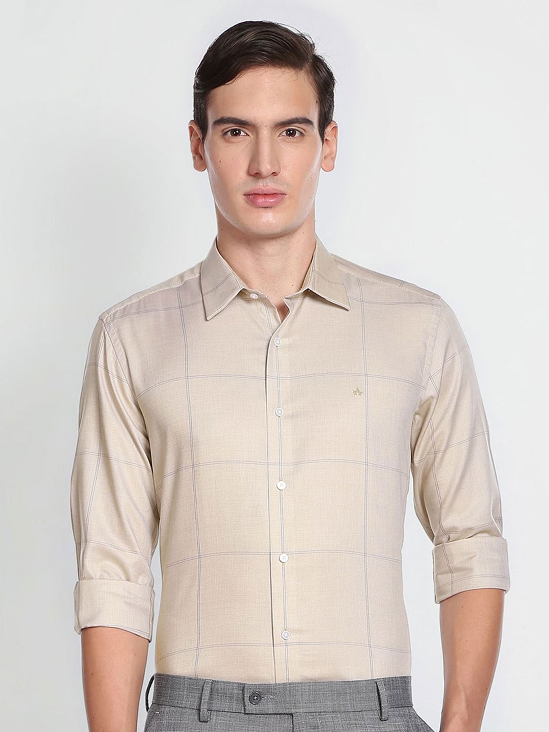 

Arrow New York Men Slim Fit Windowpane Checked Casual Cotton Shirt, Beige