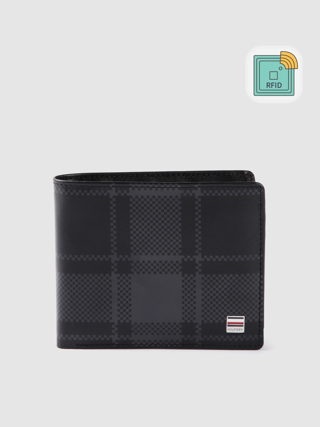 

Tommy Hilfiger Men Checked Leather Two Fold Wallet, Black