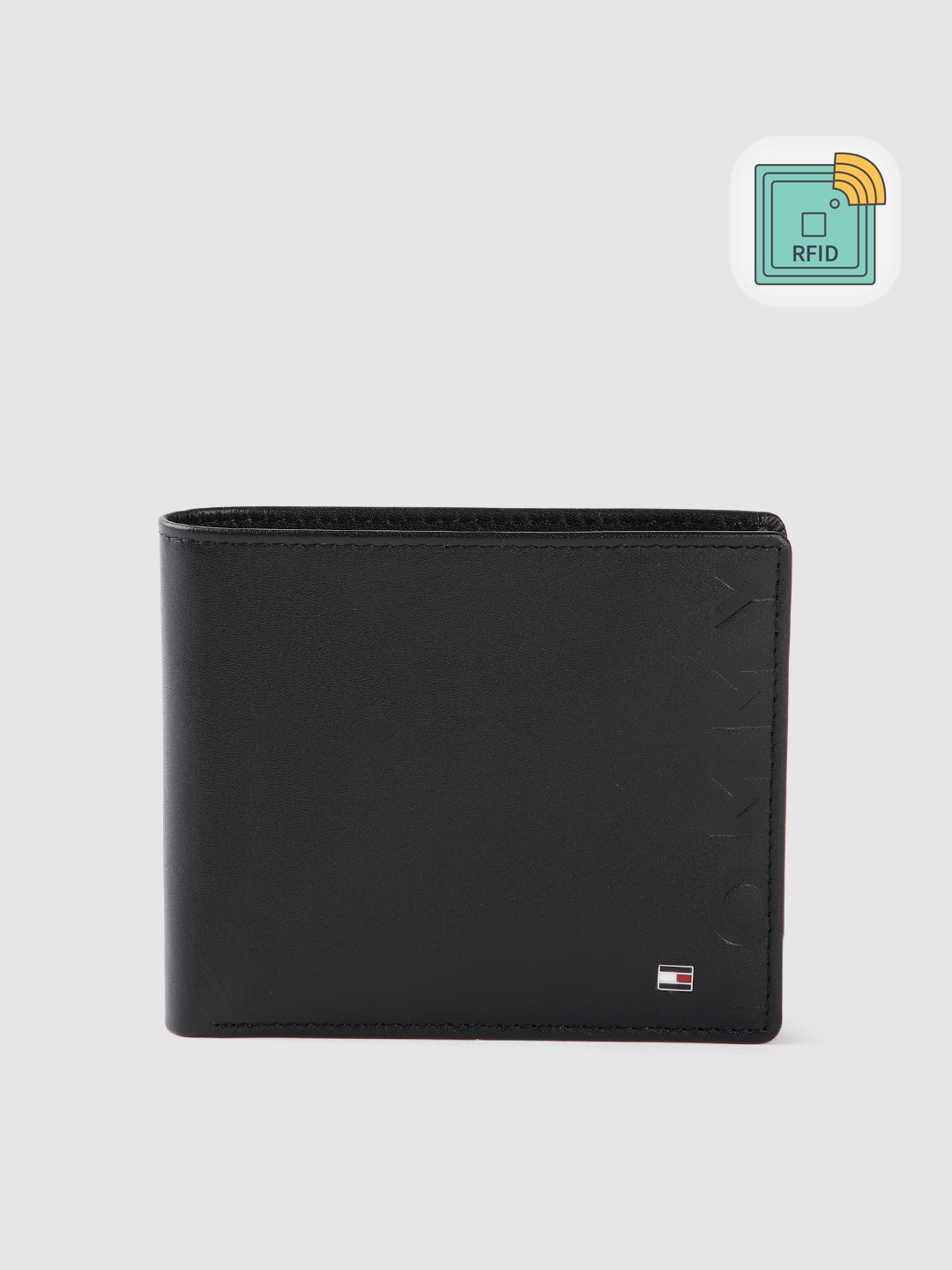 

Tommy Hilfiger Men Typography Printed Leather Two Fold Wallet, Black