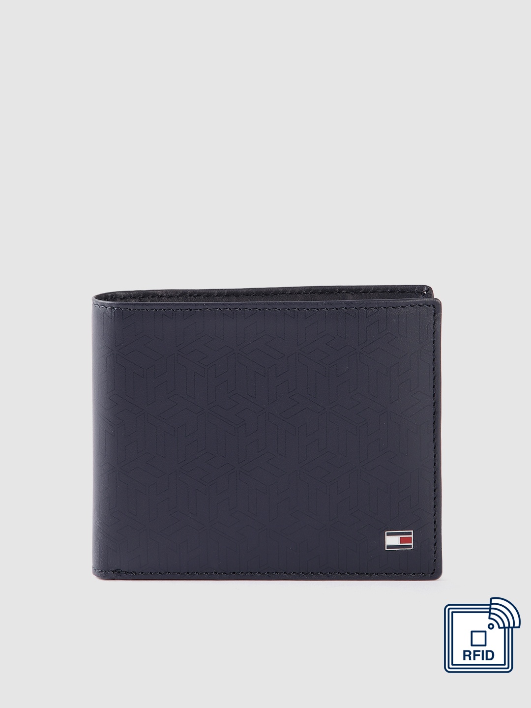 

Tommy Hilfiger Men Geometric Printed Leather Two Fold Wallet, Navy blue