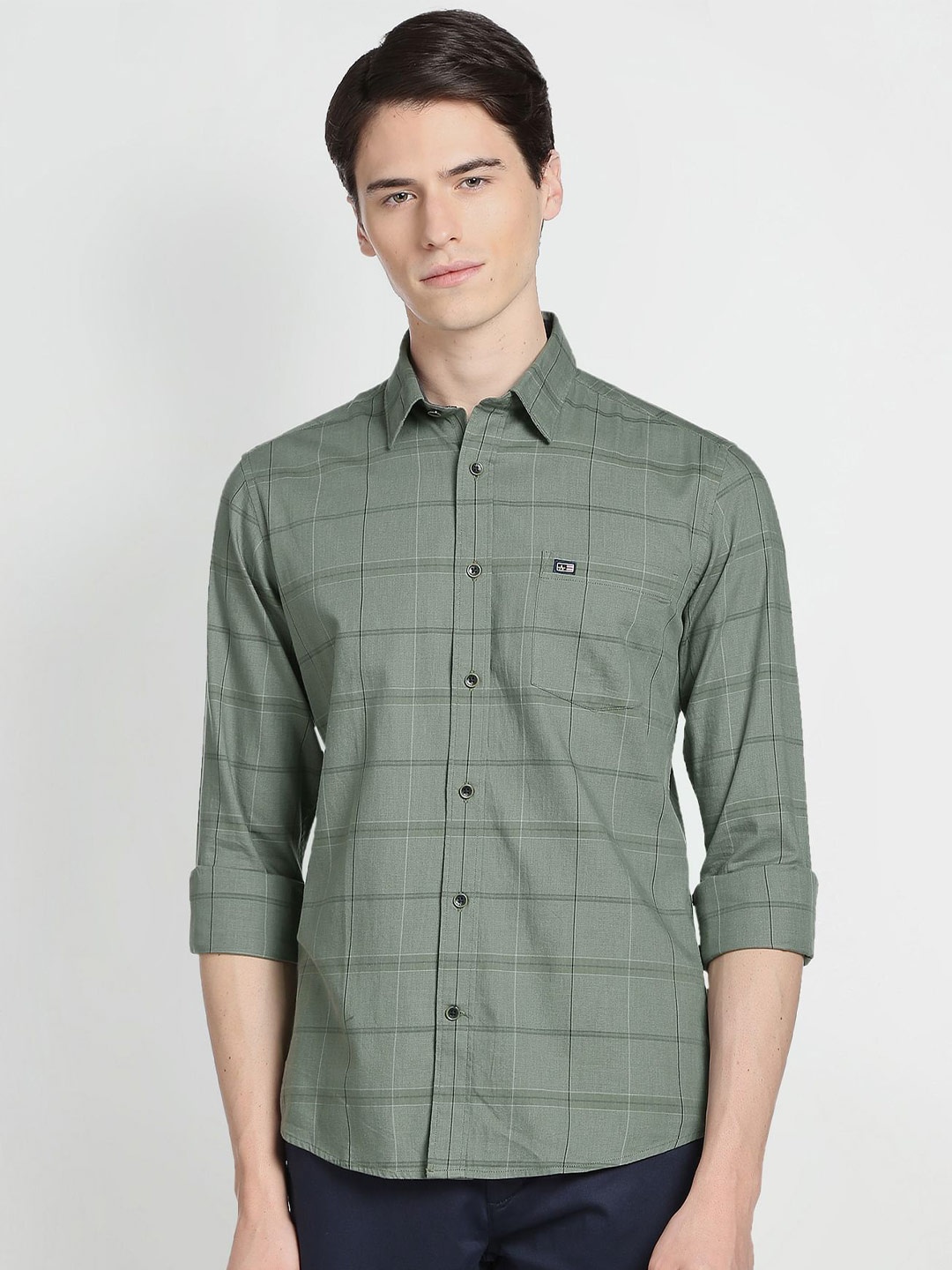 

Arrow Sport Men Windowpane Checked Casual Pure Cotton Shirt, Green