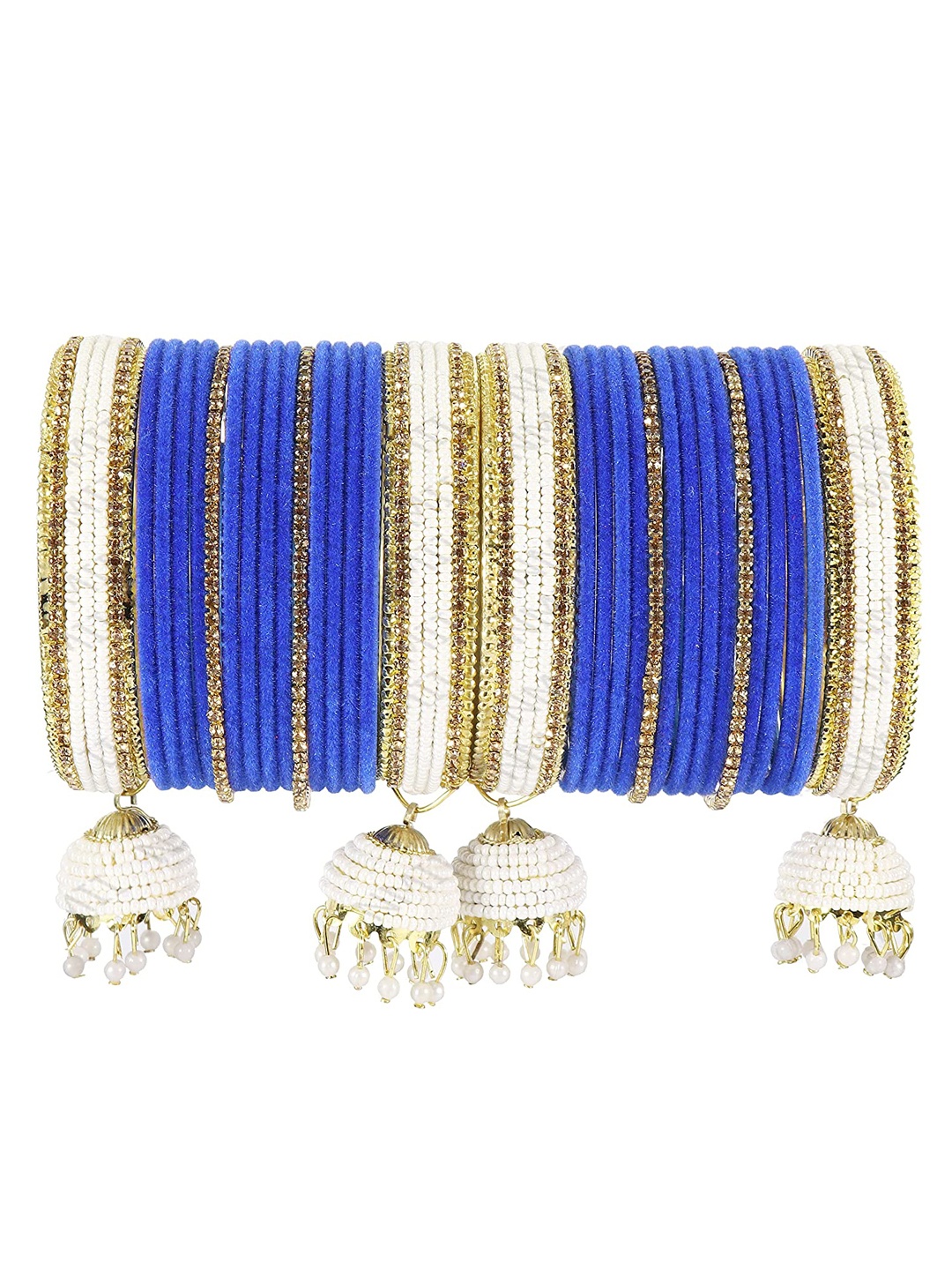 

NMII 32 Pcs Zircon & Pearl Studded Velvet Latkan Bangles, Blue