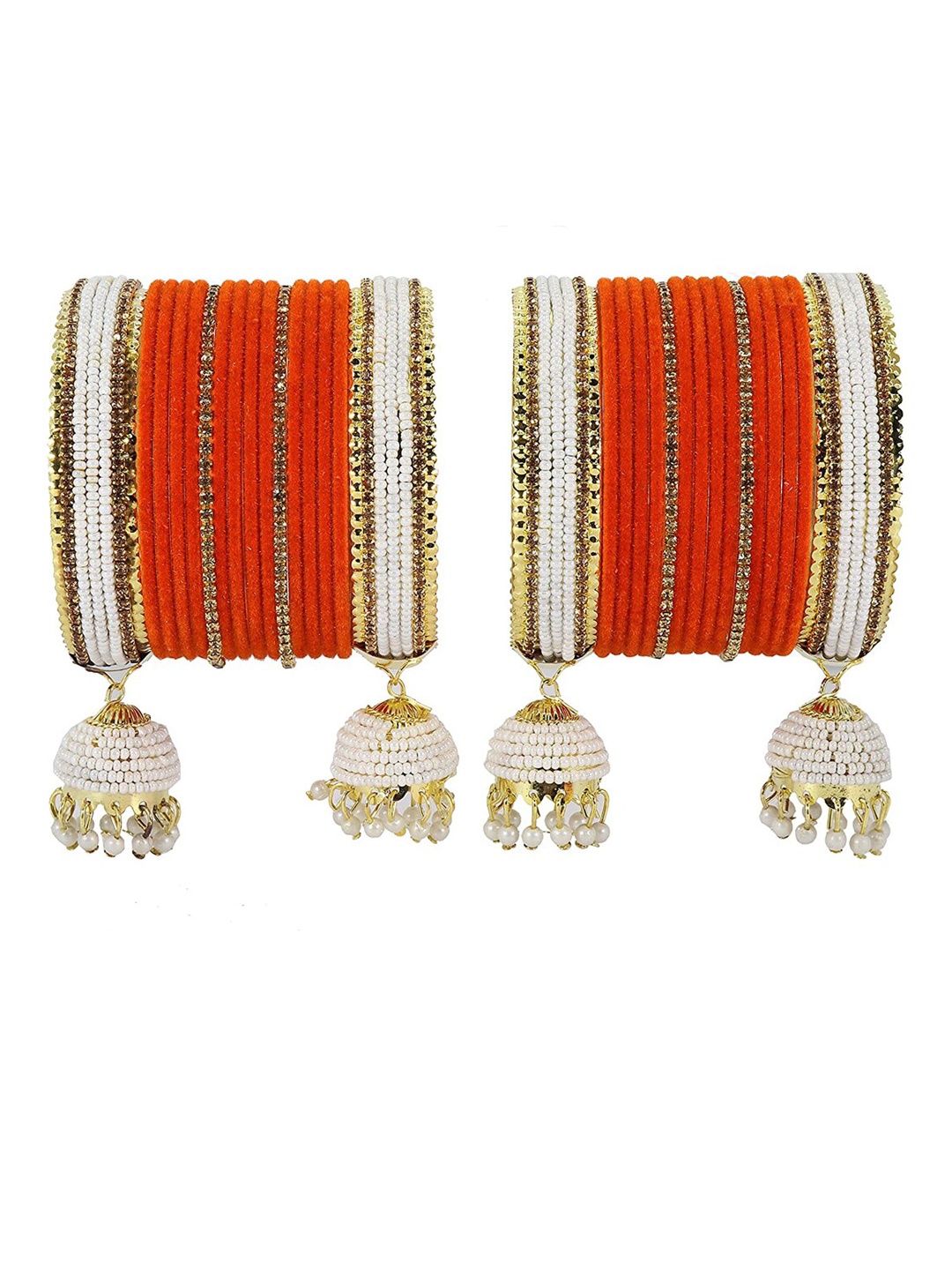 NMII 32 Pcs Zircon Pearl Velvet Worked Latkan Chuda Bangles, Orange