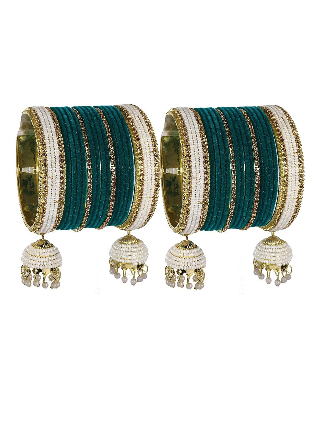 

NMII 32 Pcs Zircon & Pearl Studded Velvet Latkan Bangles, Teal
