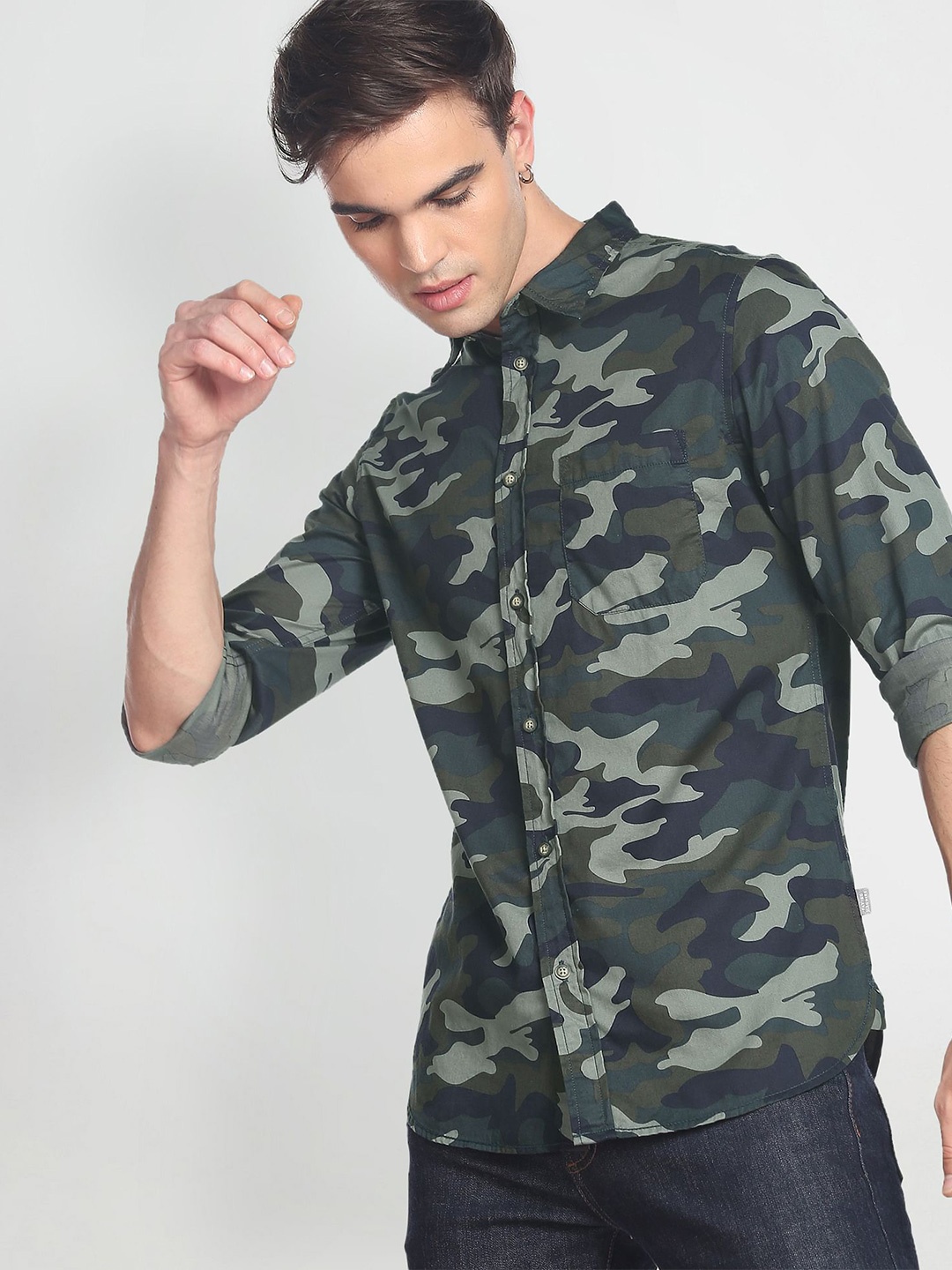 

Flying Machine Camouflage Print Slim Fit Casual Shirt, Olive
