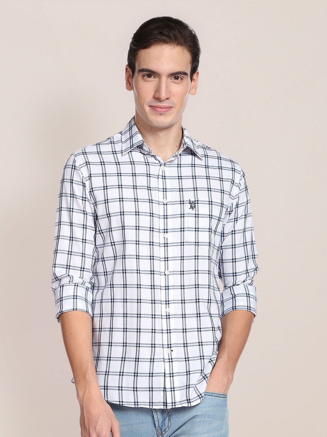 

U.S. Polo Assn. Spread Collar Tartan Checked Pure Cotton Casual Shirt, White