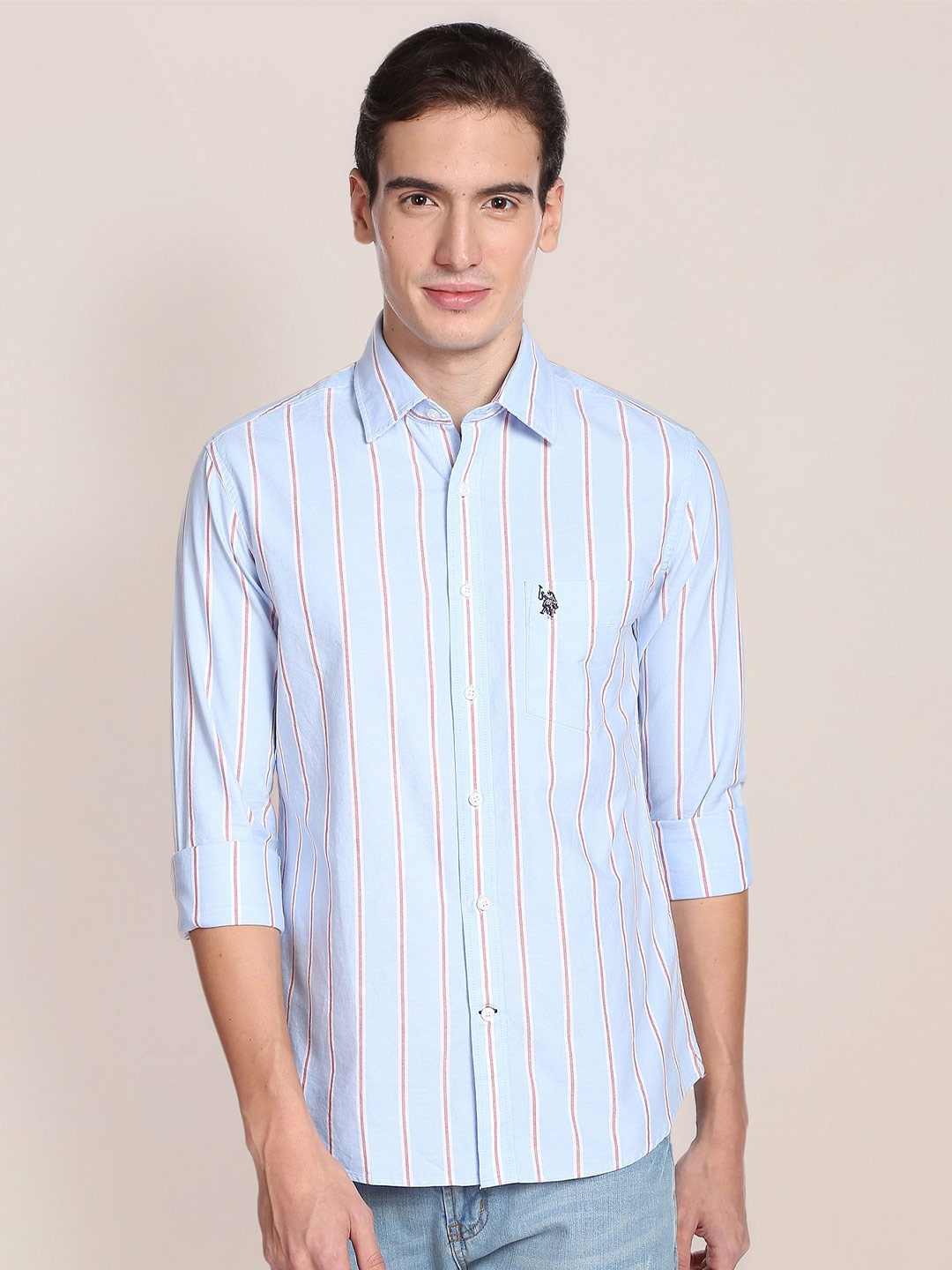 

U.S. Polo Assn. Men Vertical Striped Casual Pure Cotton Shirt, Blue