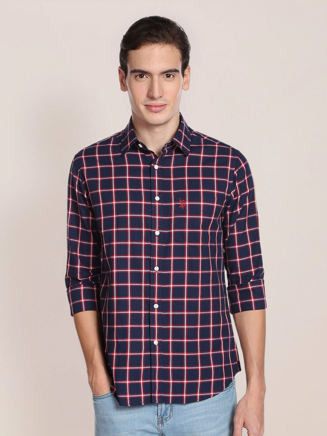 

U.S. Polo Assn. Men Windowpane Checked Casual Pure Cotton Shirt, Navy blue