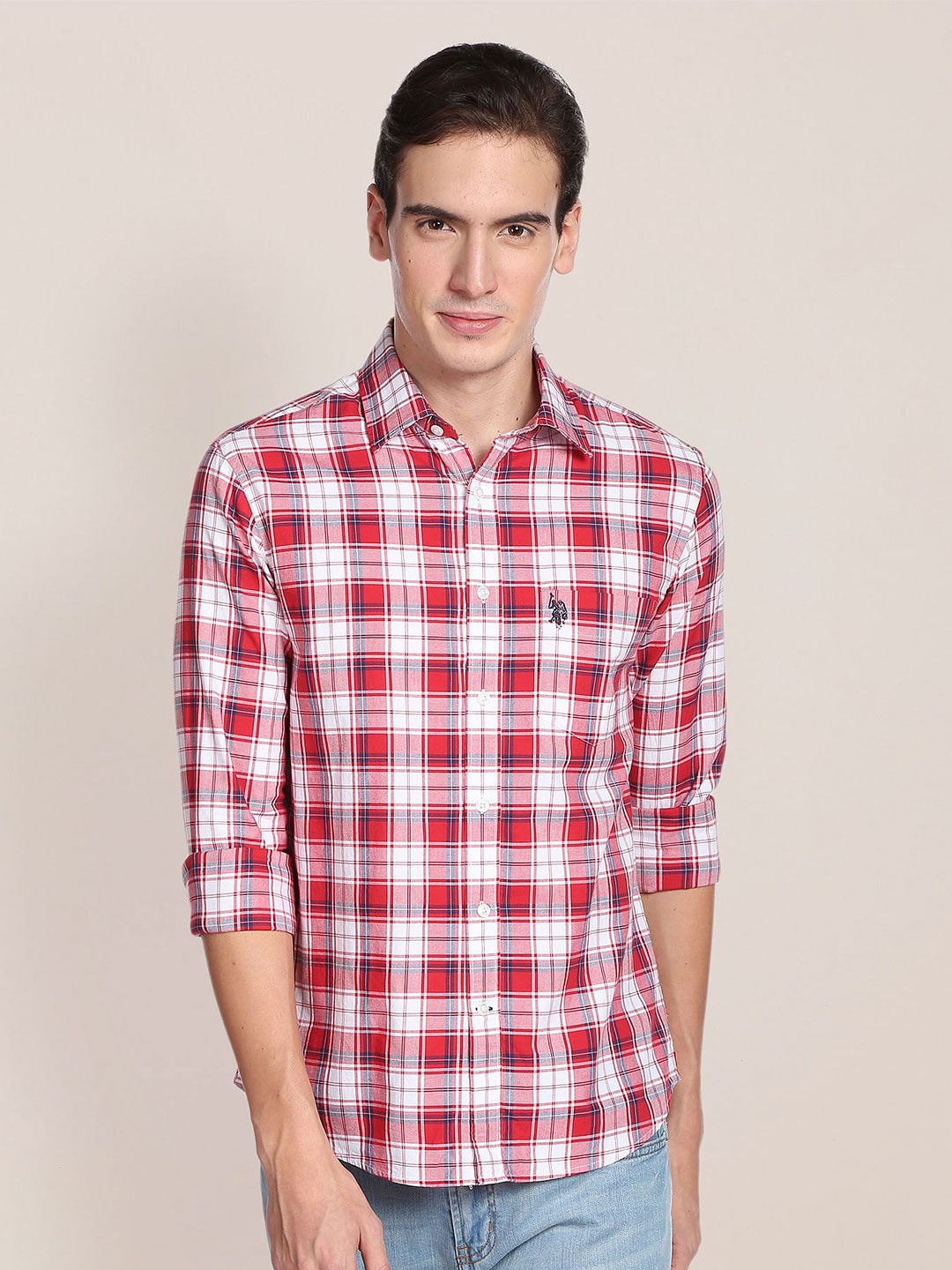 

U.S. Polo Assn. Men Tartan Checked Casual Pure Cotton Shirt, Red
