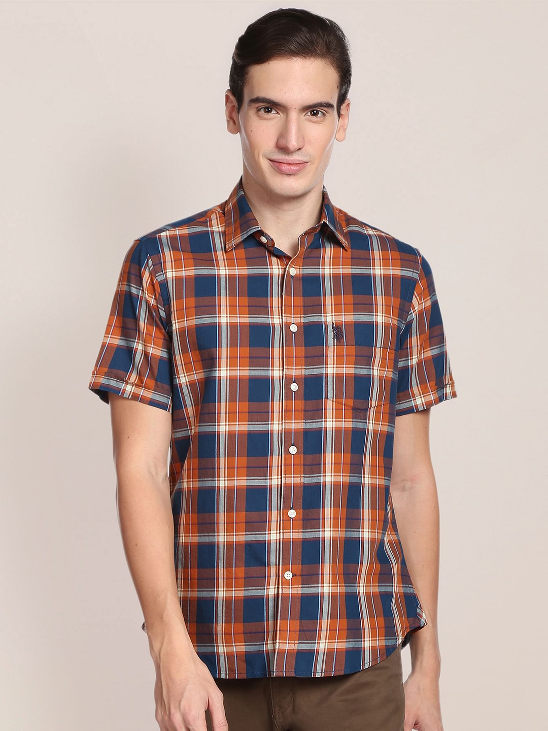 

U.S. Polo Assn. Men Tartan Checked Pure Cotton Shirt, Orange