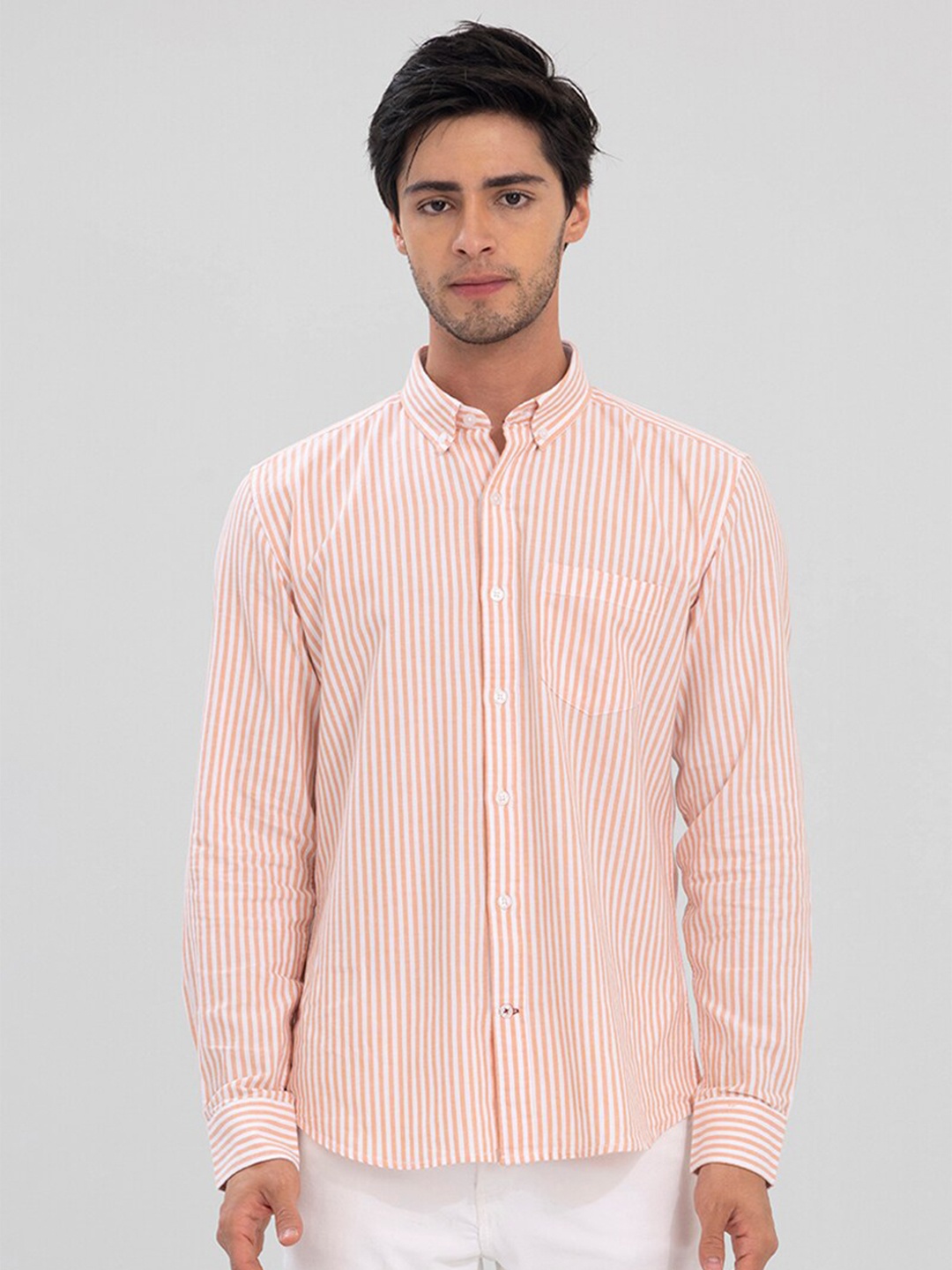 

Snitch Men Slim Fit Vertical Striped Casual Cotton Shirt, Peach