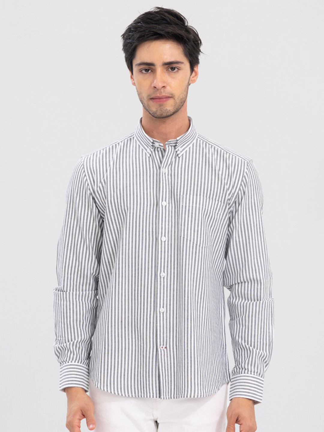 

Snitch Men Striped Slim Fit Casual Cotton Shirt, Grey