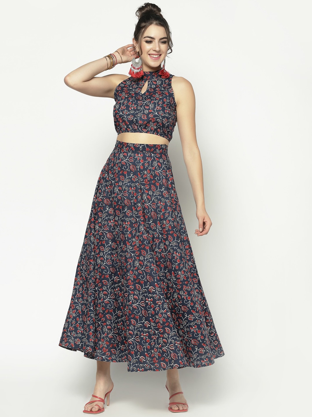 

Sera Floral Printed Top & Skirt Pure Cotton Co-Ords, Navy blue