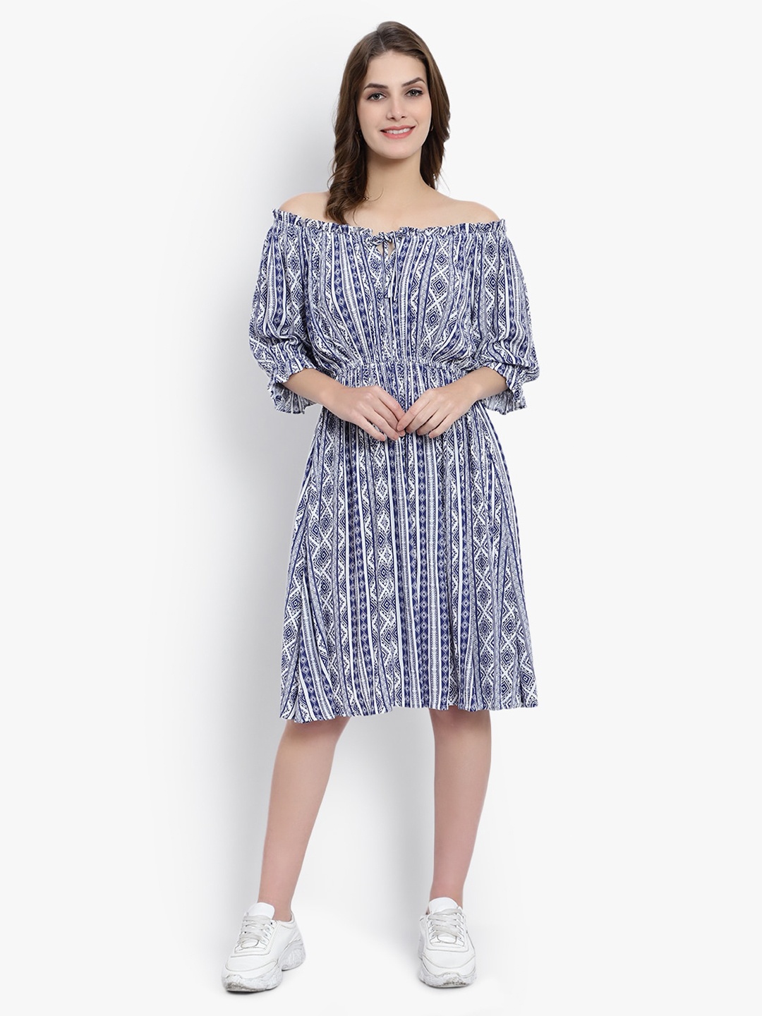 

DRIRO Ethnic Motifs Off-Shoulder A-Line Dress, Blue