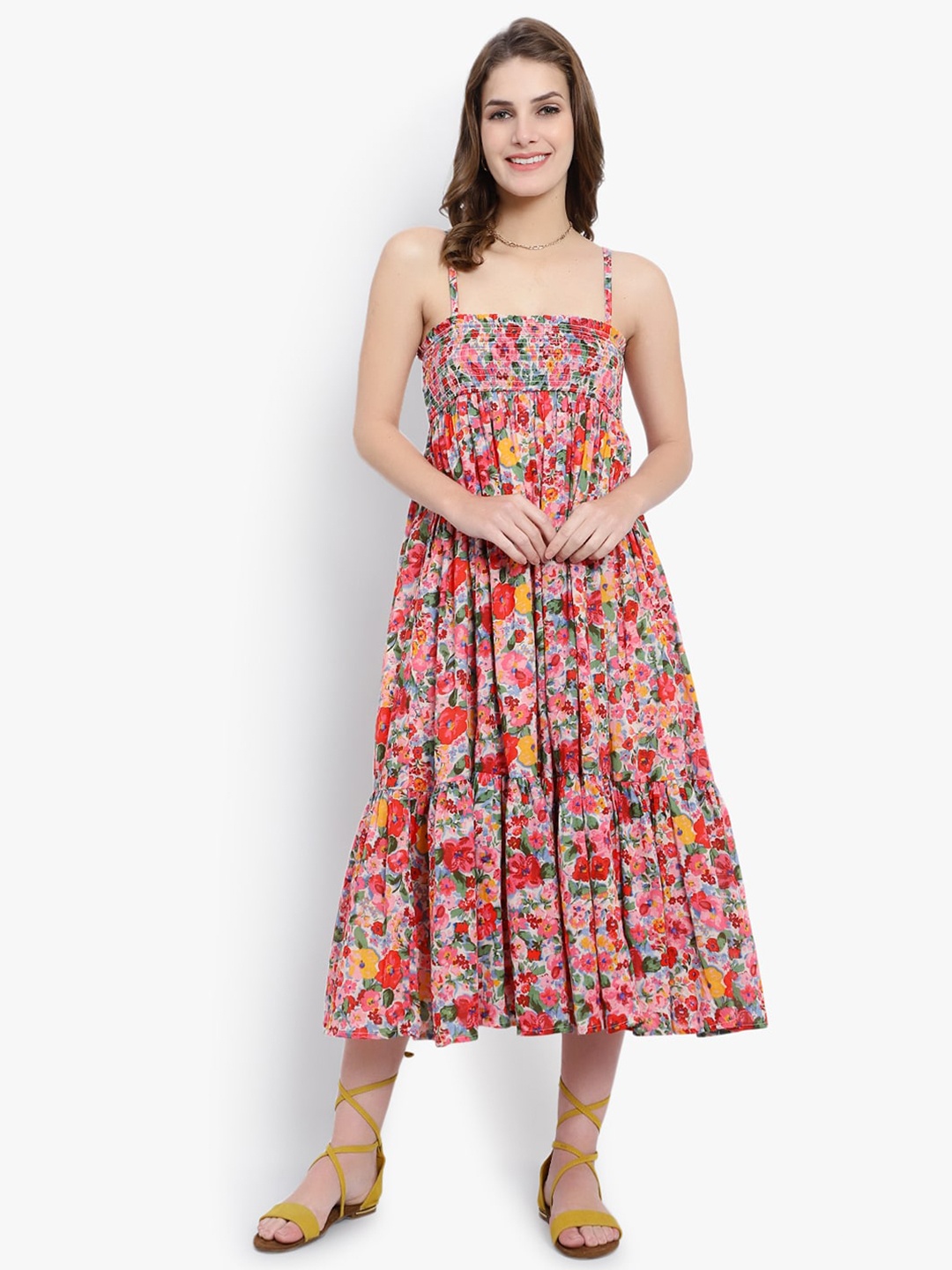 

DRIRO Shoulder Strap Floral Printed Smocked Cotton Midi Fit & Flare Dress, Multi