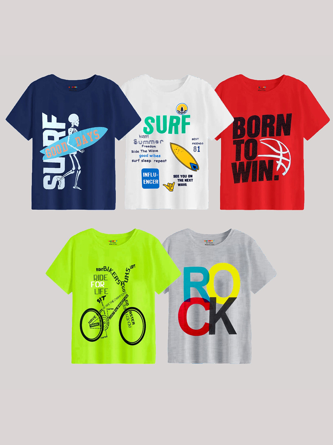 

KUCHIPOO Boys Pack Of 5 Typography Printed Cotton T-shirt, Navy blue