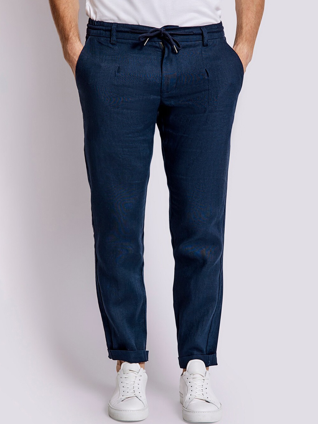 

Bruun & Stengade Men Slim Fit Pure Linen Chinos Trousers, Navy blue