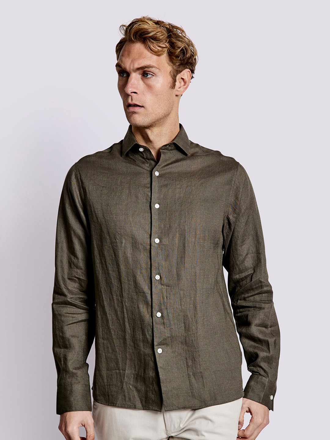 

Bruun & Stengade Men Classic Slim Fit Pure Linen Casual Shirt, Olive