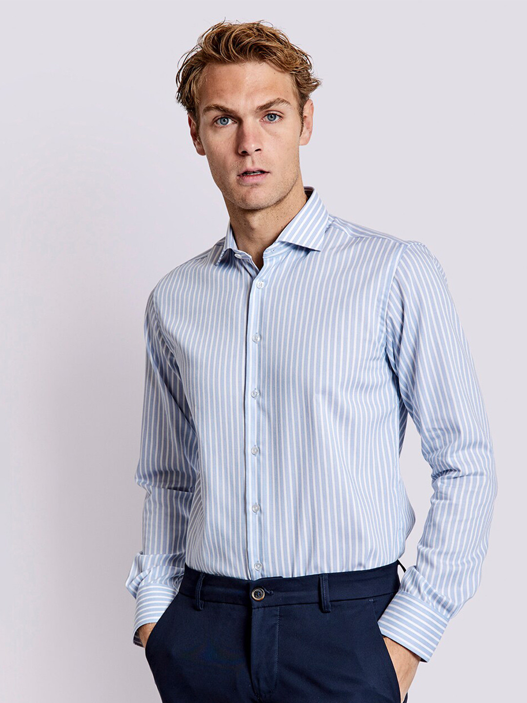 

Bruun & Stengade Men Classic Slim Fit Striped Pure Cotton Formal Shirt, Blue