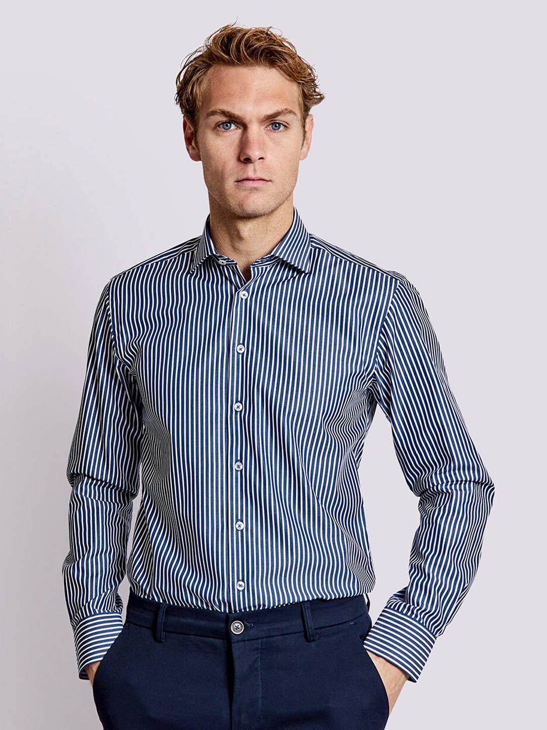 

Bruun & Stengade Men Classic Slim Fit Striped Pure Cotton Formal Shirt, Blue