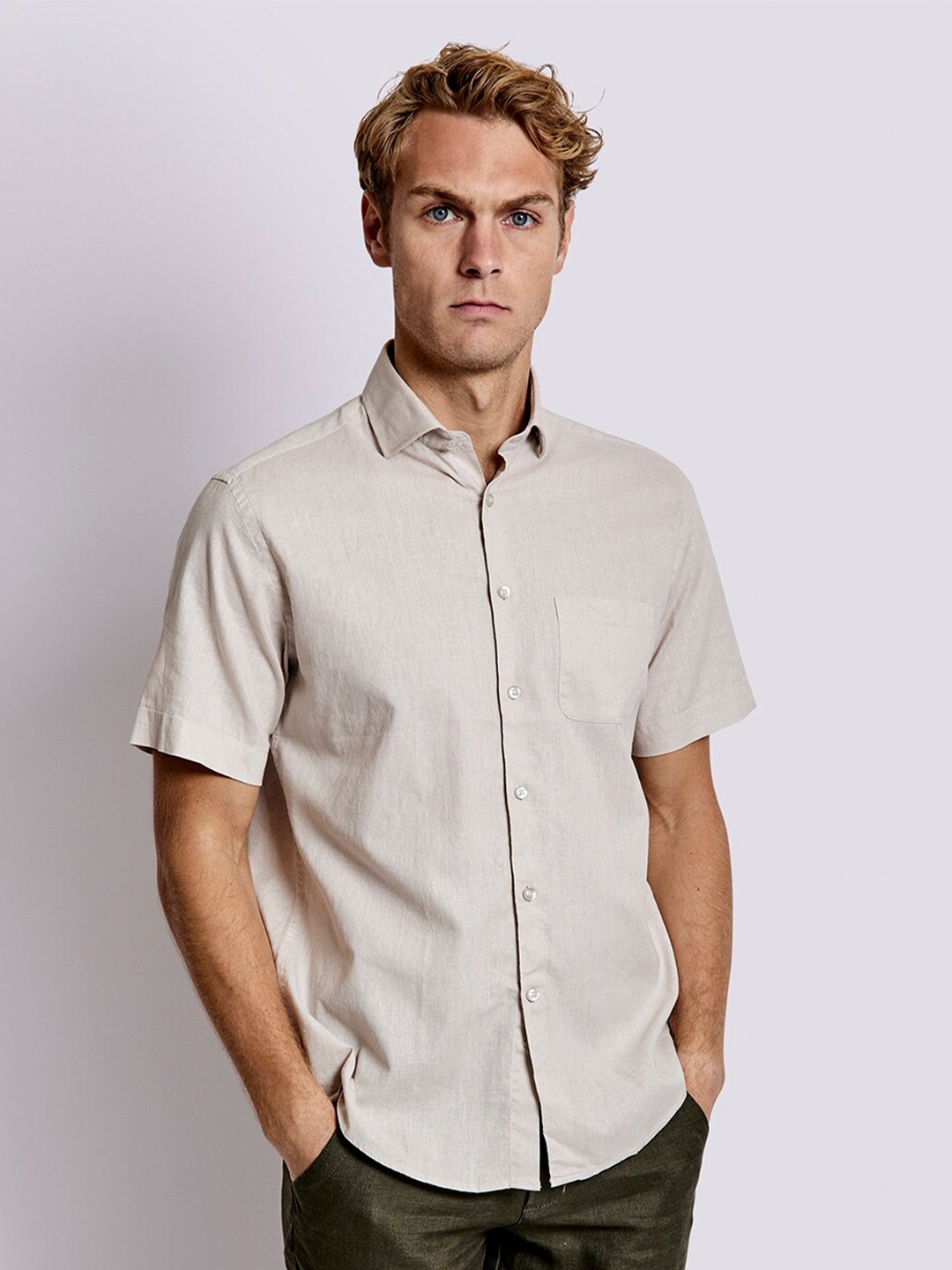 

Bruun & Stengade Men Classic Linen Cotton Casual Shirt, Beige