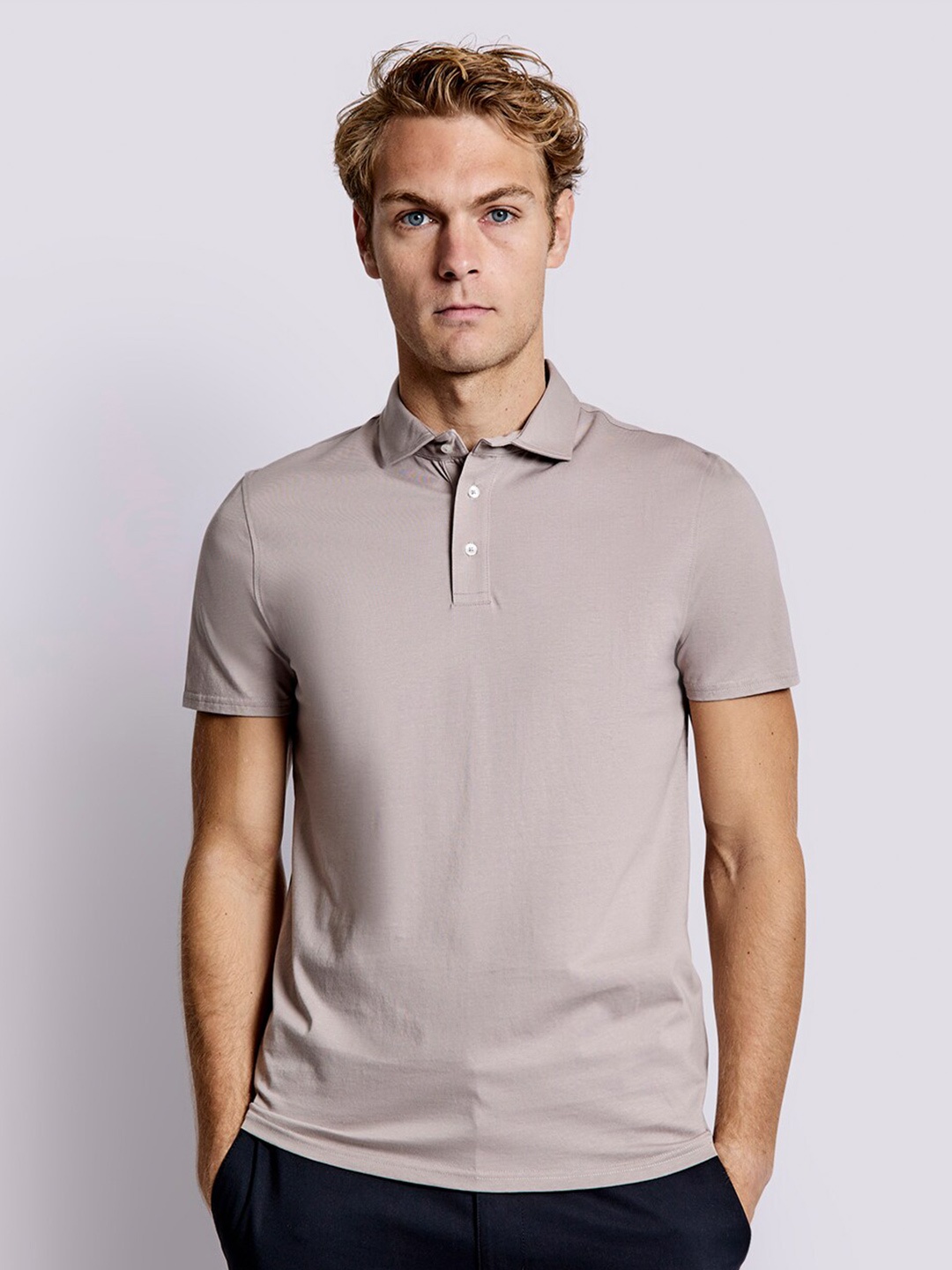 Bruun & Stengade Men Polo Collar Pure Cotton T-shirt, Taupe