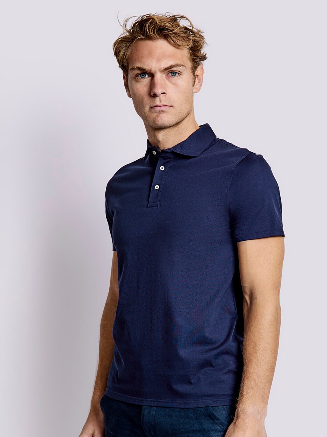

Bruun & Stengade Men Pure Cotton Polo Collar T-Shirt, Navy blue