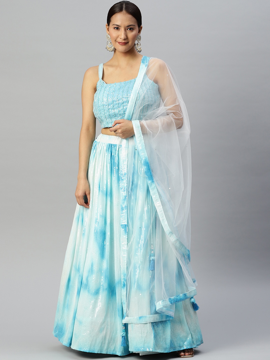 

Readiprint Fashions Embellished Sequinned Tie & Dye Lehenga & Blouse With Dupatta, Blue