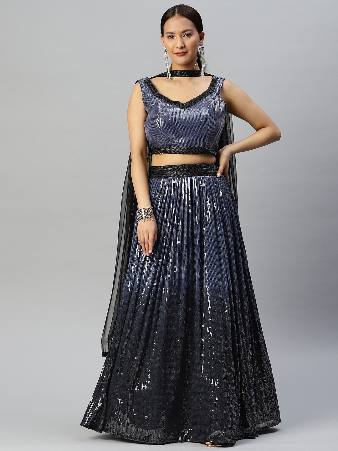

Readiprint Fashions Embroidered Sequinned Ready to Wear Lehenga & Blouse With Dupatta, Navy blue