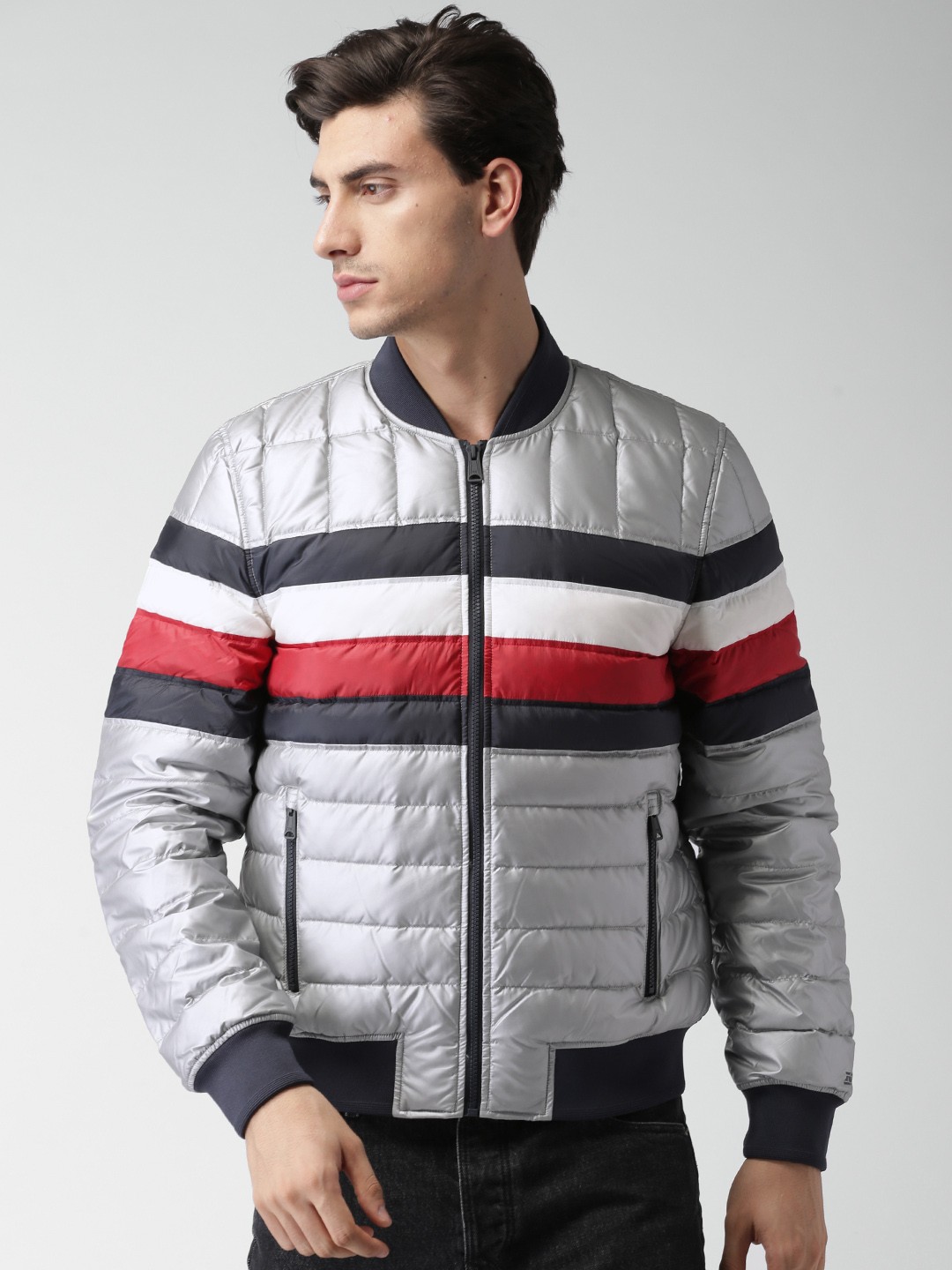 

Tommy Hilfiger Men Silver-Toned Colourblocked Open Front Jacket