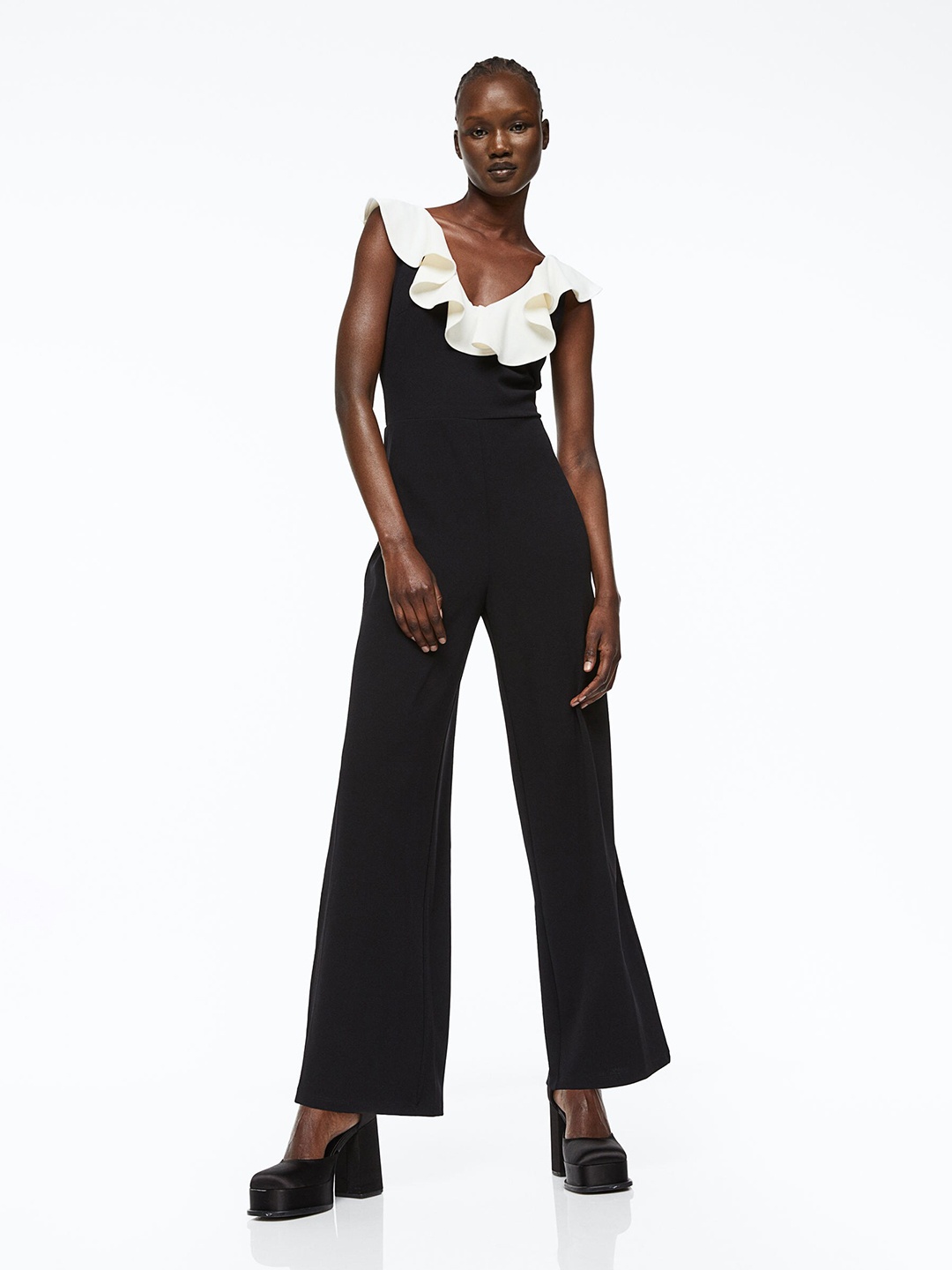 

H&M Women Flounce-Trimmed Jumpsuit, Black