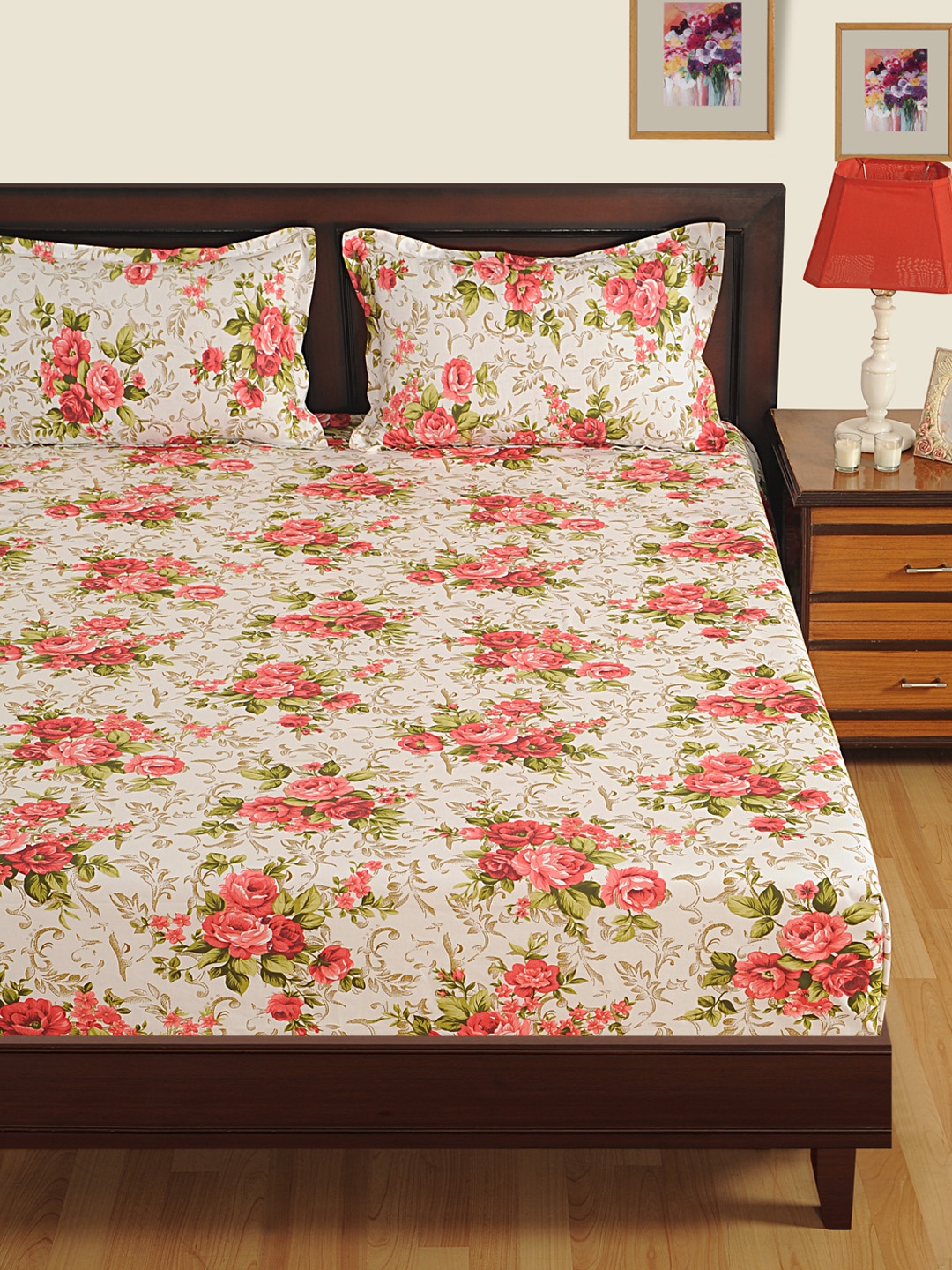 

SWAYAM White & Red Cotton 180 Fine TC Double King Bedsheet with 2 Pillow Covers