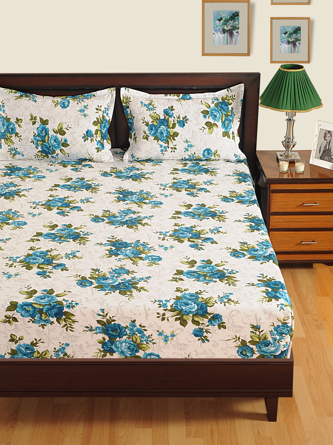 

SWAYAM Off White & Green Cotton 180 Fine TC Double King Bedsheet with 2 Pillow Covers