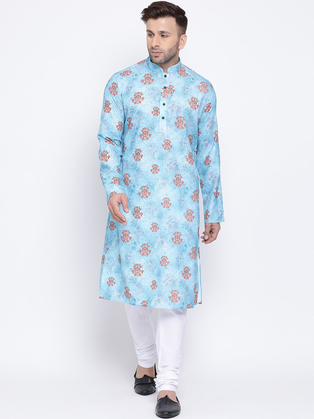 

NAMASKAR Men Floral Printed Linen Kurta, Blue