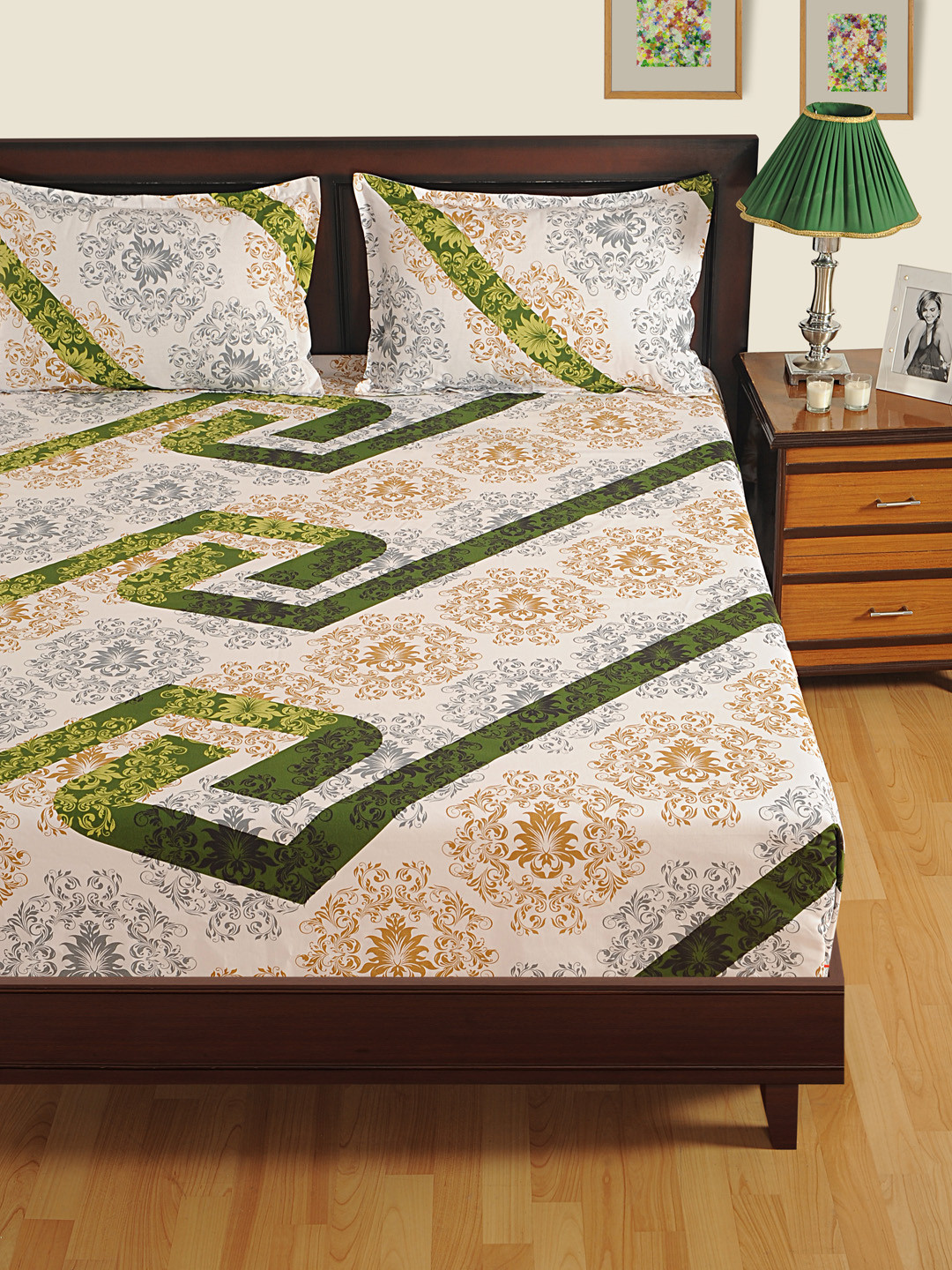 

SWAYAM White & Mustard Brown Cotton 180 Fine TC Double King Bedsheet with 2 Pillow Covers