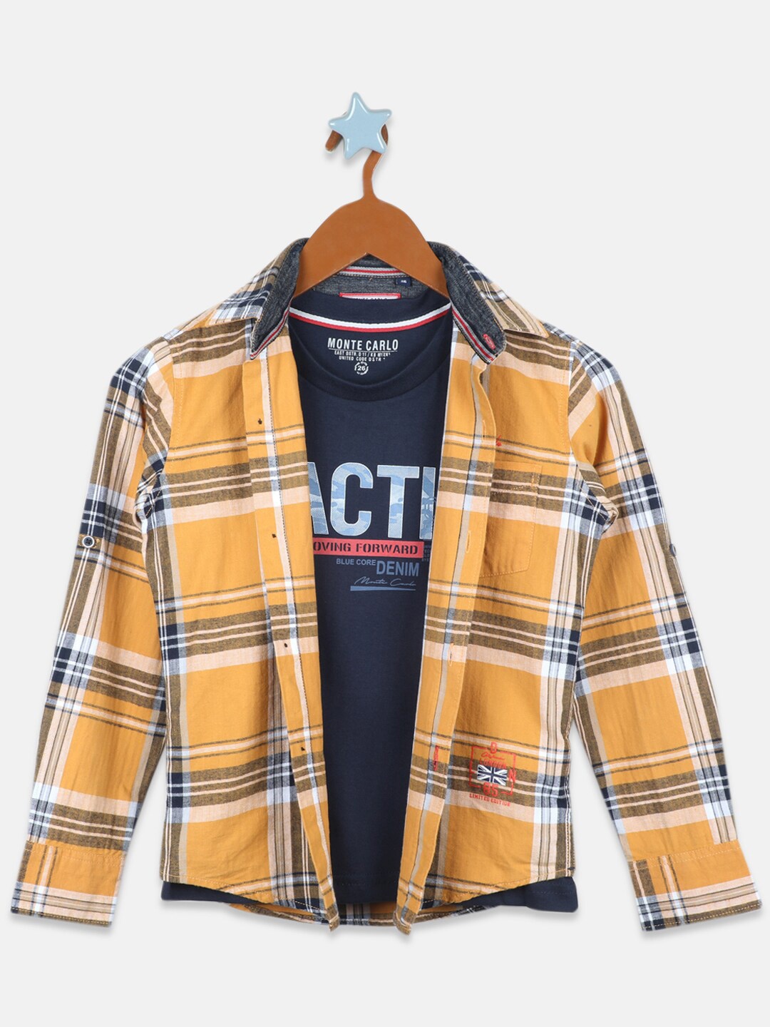 

Monte Carlo Boys Tartan Checked Casual Pure Cotton Shirt With Tshirt, Mustard