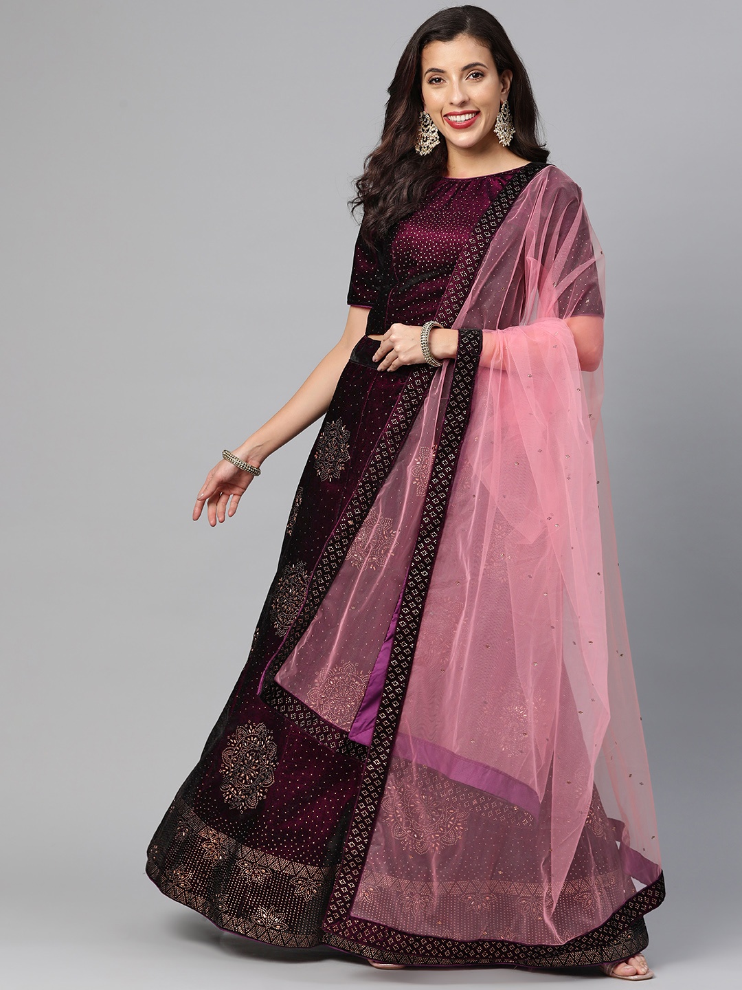 

CAMPAIGN TRENDS Embellished Semi-Stitched Lehenga & Unstitched Blouse With Dupatta, Burgundy