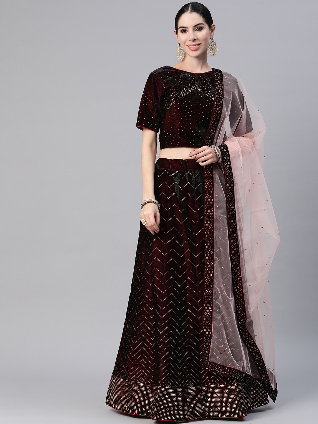 

CAMPAIGN TRENDS Embellished Beads and Stones Unstitched Lehenga & Blouse With Dupatta, Maroon