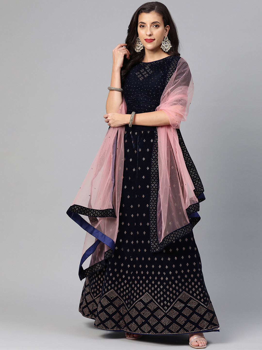 

CAMPAIGN TRENDS Embellished Semi-Stitched Lehenga & Unstitched Blouse With Dupatta, Navy blue