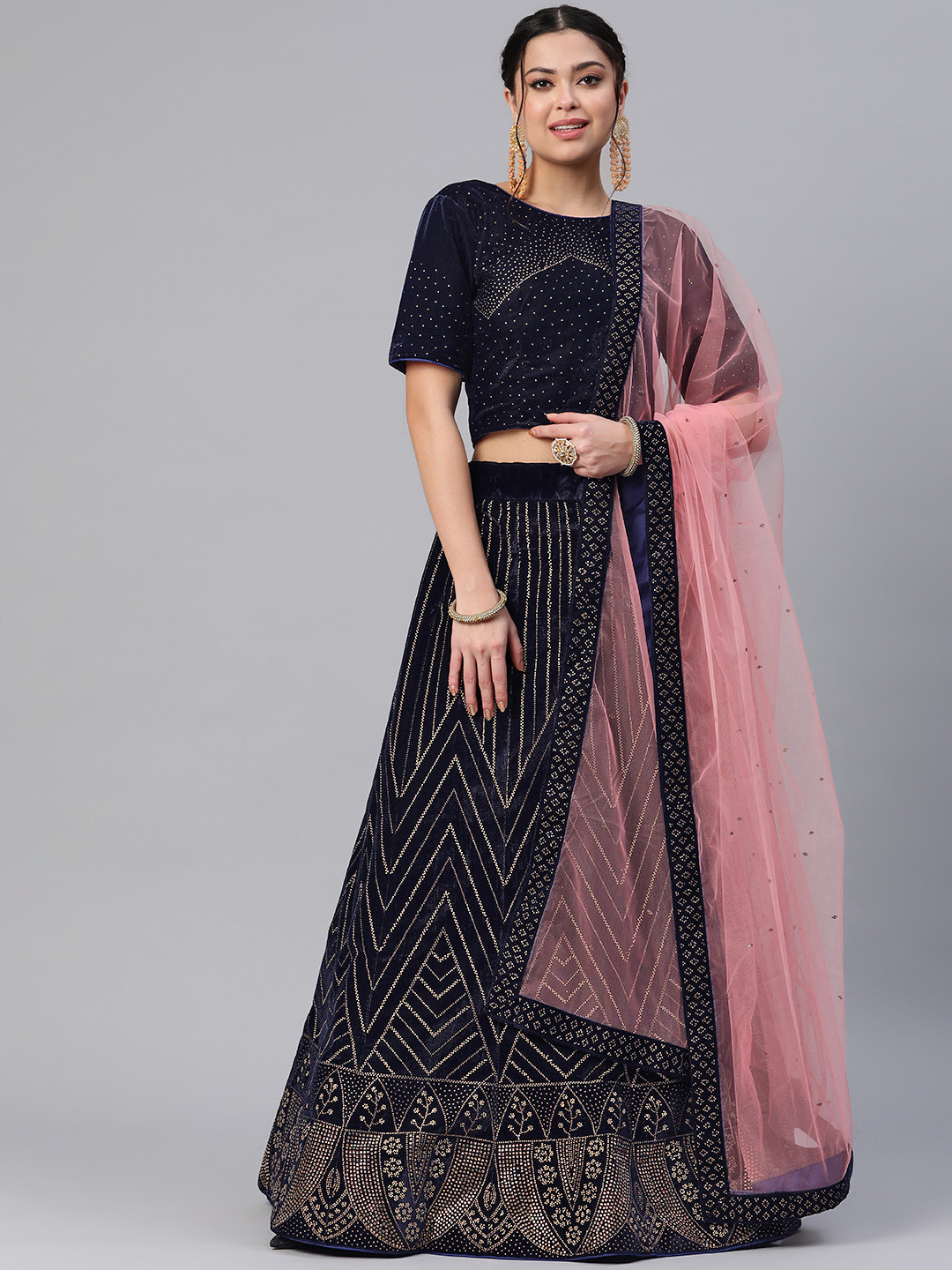

CAMPAIGN TRENDS Embellished Beads and Stones Unstitched Lehenga & Blouse With Dupatta, Navy blue