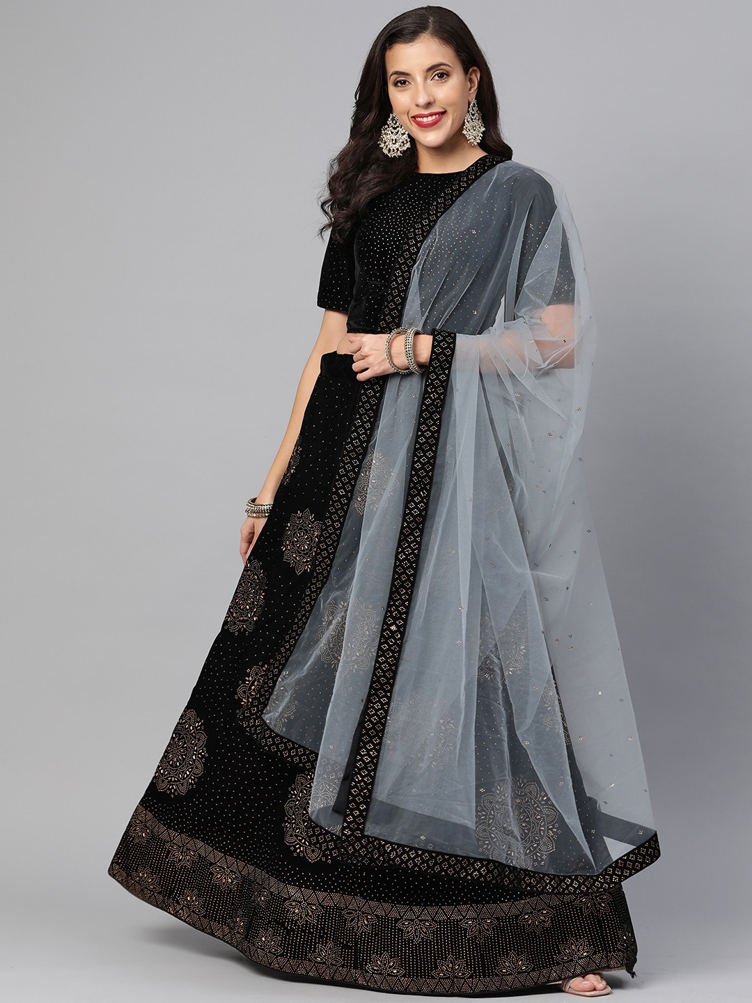 

CAMPAIGN TRENDS Embellished Semi-Stitched Lehenga & Unstitched Blouse With Dupatta, Black