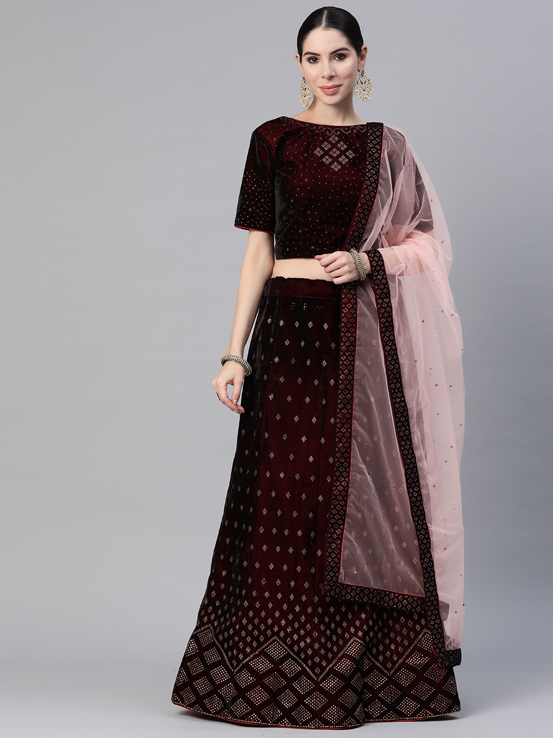 

CAMPAIGN TRENDS Embellished Semi-Stitched Lehenga & Unstitched Blouse With Dupatta, Maroon