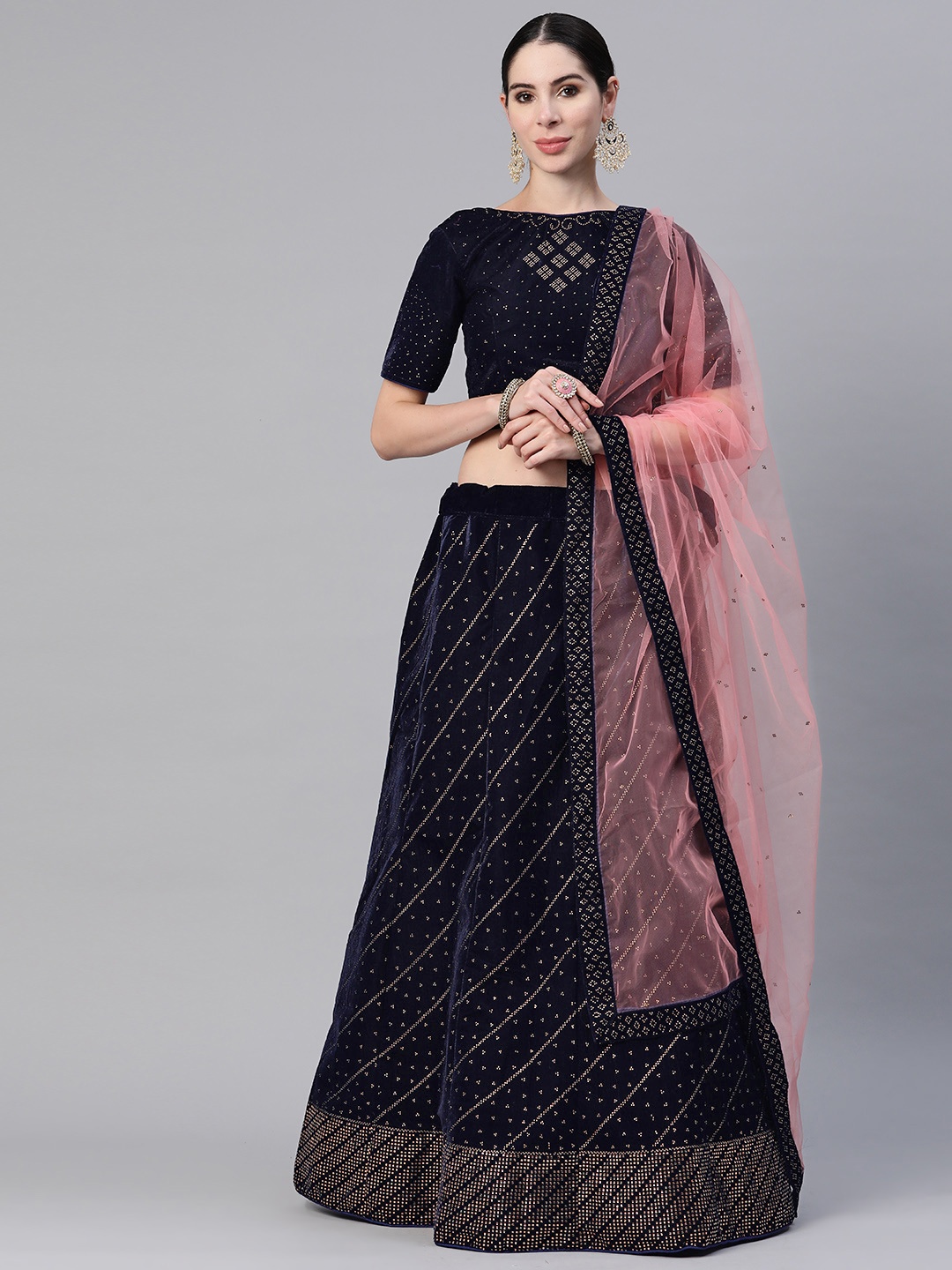 

CAMPAIGN TRENDS Embellished Beads and Stones Unstitched Lehenga & Blouse With Dupatta, Navy blue