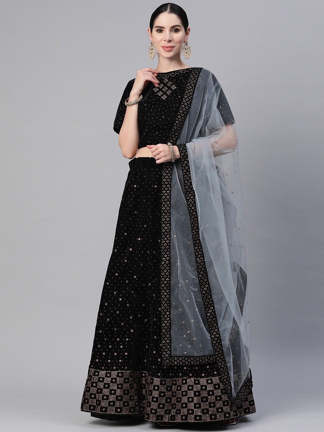 

CAMPAIGN TRENDS Embellished Beads and Stones Unstitched Lehenga & Blouse With Dupatta, Black