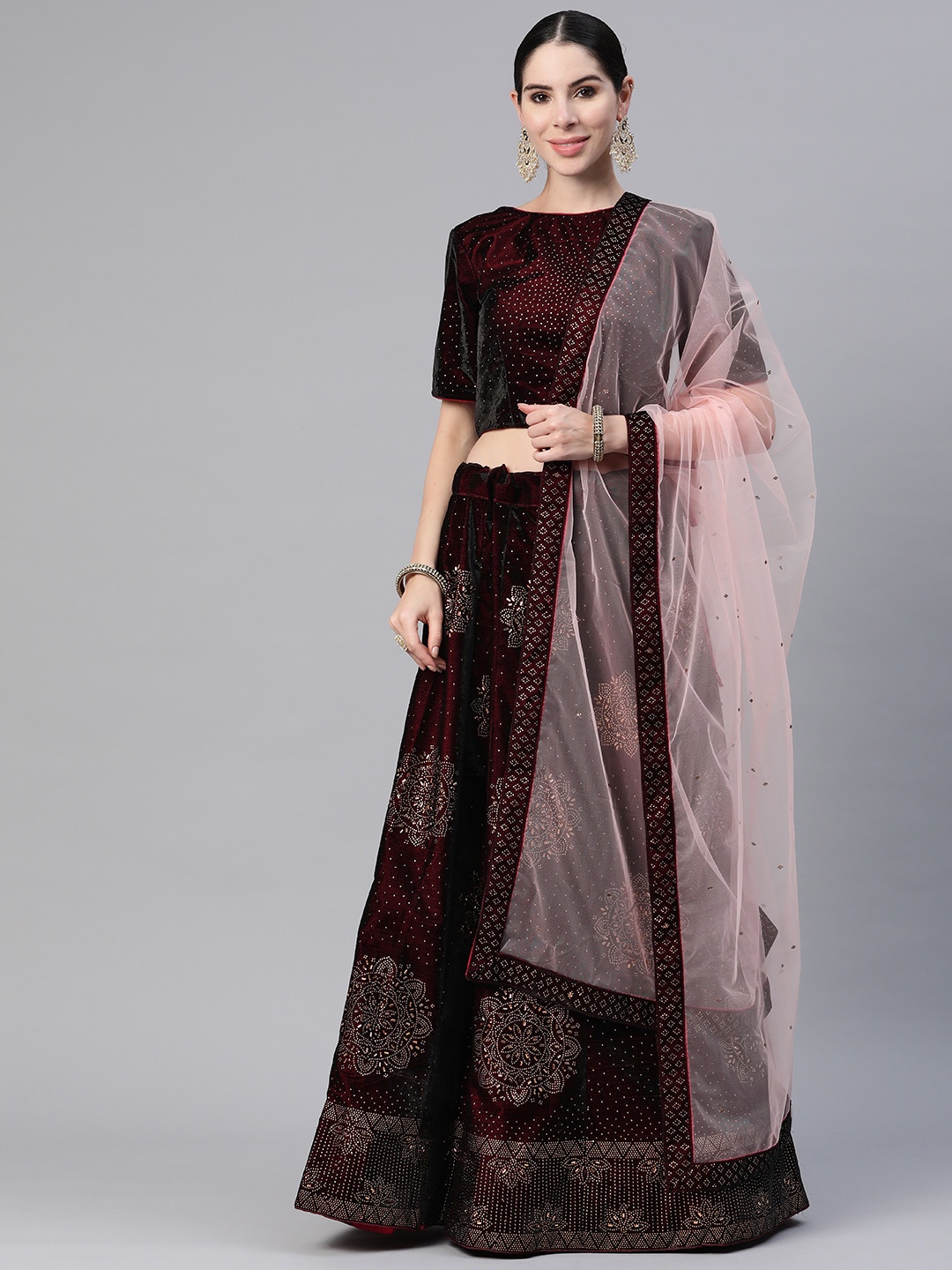 

CAMPAIGN TRENDS Embellished Beads and Stones Unstitched Lehenga & Blouse With Dupatta, Maroon