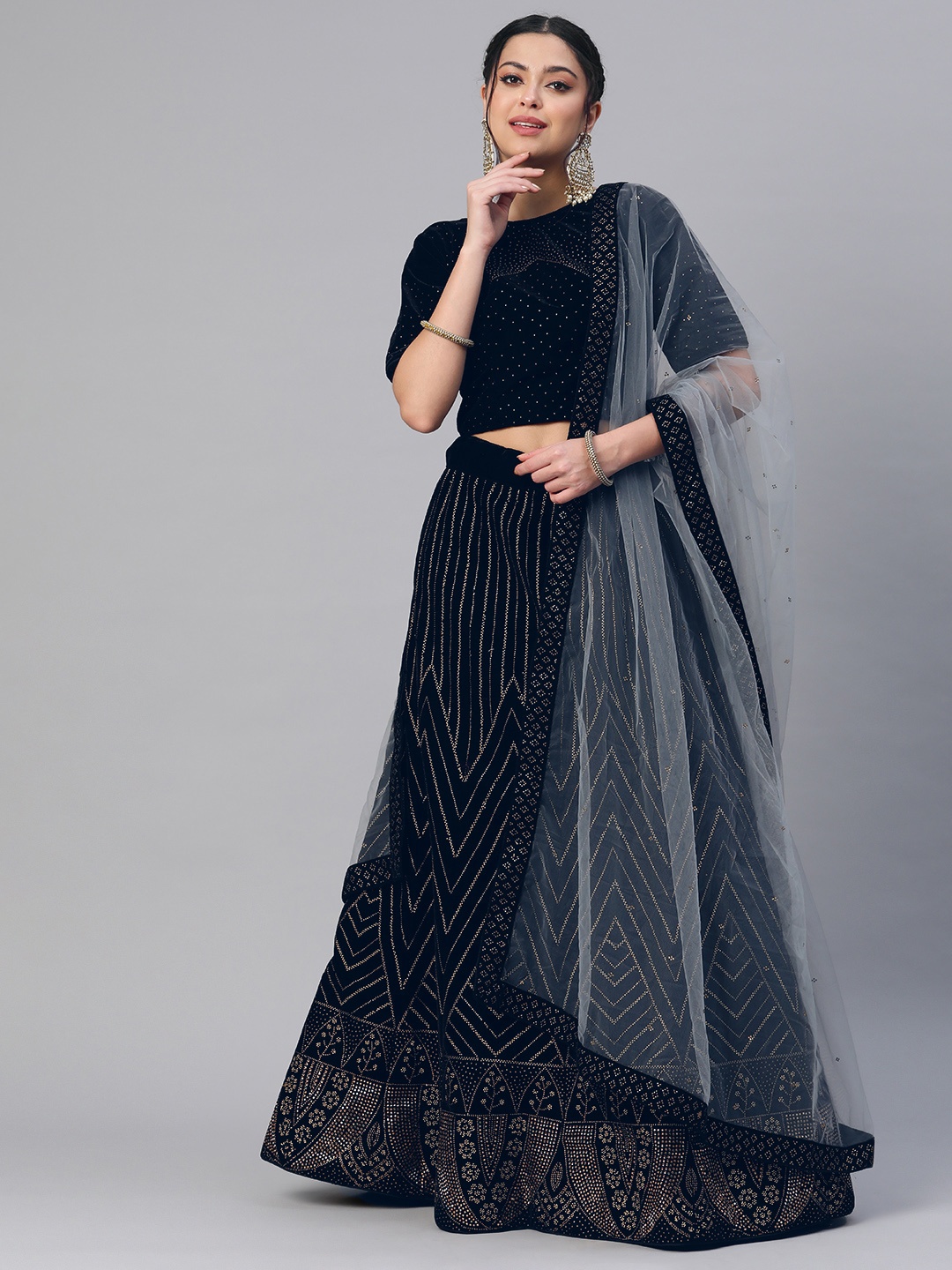 

CAMPAIGN TRENDS Embellished Beads and Stones Unstitched Lehenga & Blouse With Dupatta, Black