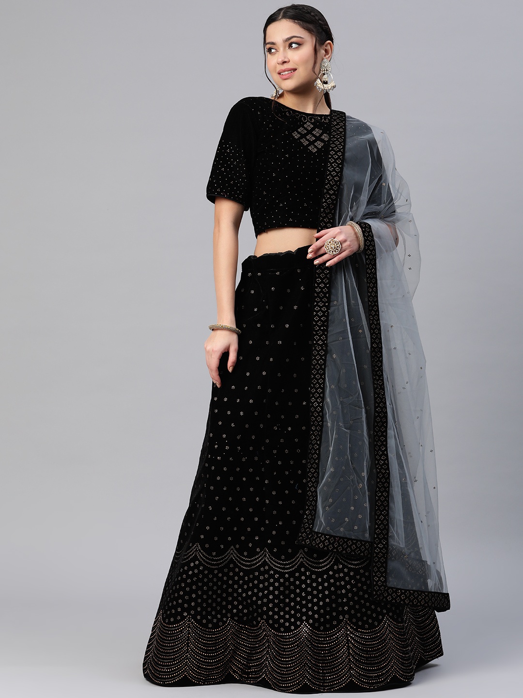 

CAMPAIGN TRENDS Embellished Semi-Stitched Lehenga & Unstitched Blouse With Dupatta, Black